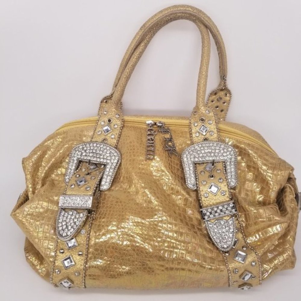 CHARM & LUCK LEATHER GOLD CRYSTAL JEWELED HANDBAG - Picture 10 of 11